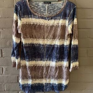 David Cline Blue, Taupe and White top size M